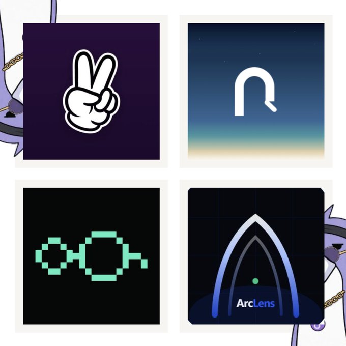 Four app icons displayed in a grid: a peace sign hand emoji, a stylized 'n' symbol, pixelated teal glasses, and 'ArcLens' with an arch design.