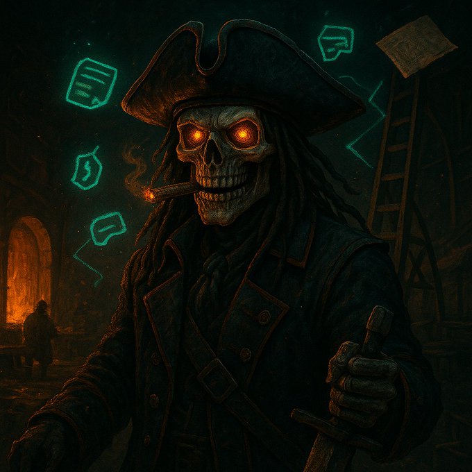 A dark fantasy digital illustration of a skeletal pirate with glowing orange eyes, wearing a tricorn hat and smoking a cigar, surrounded by teal glowing icons in a dimly lit tavern setting.