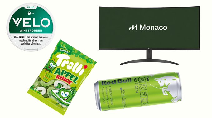 A product collage featuring a Velo Wintergreen nicotine pouch, a Trolli Apfel Ringe candy bag, a Monaco monitor, and a Kiwi Edition Red Bull can.