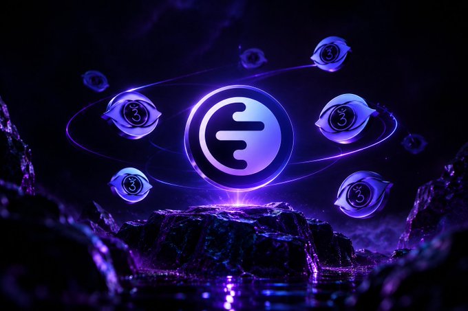 A futuristic digital illustration showing a glowing purple central logo with orbiting satellite-like nodes against a dark, rocky cosmic landscape with reflective water below.