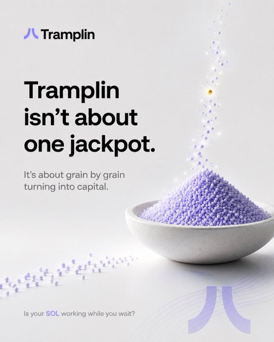 An advertisement for Tramplin featuring a bowl of purple granules with the tagline 'Tramplin isn't about one jackpot. It's about grain by grain turning into capital,' asking if your SOL is working while you wait.