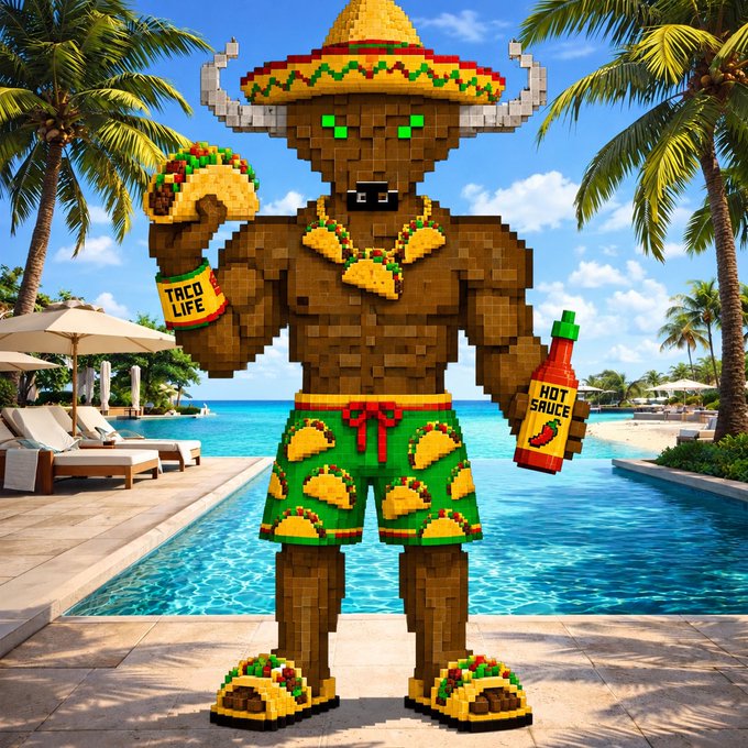 A voxel-style 3D render of a blocky figure wearing a sombrero, taco-patterned shorts and sandals, holding a taco and a bottle of hot sauce labeled 'TACO LIFE' and 'HOT SAUCE', standing by a pool.