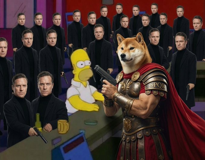 A Shiba Inu dressed as a Roman gladiator holding a gun dominates the foreground, while Homer Simpson sits at a bar surrounded by multiple clones of a man in a black suit pointing pistols. The image ties into the post's cryptocurrency theme, with the SPQR-armored Doge symbolizing Dogecoin and the gun-wielding men likely representing market chaos or bearish forces in the crypto space.