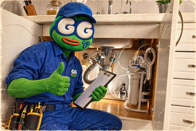 A photograph of a person in a blue work uniform and green mascot head (with 'GG' on the goggles and shirt) giving a thumbs-up while holding a clipboard under a sink with exposed plumbing.