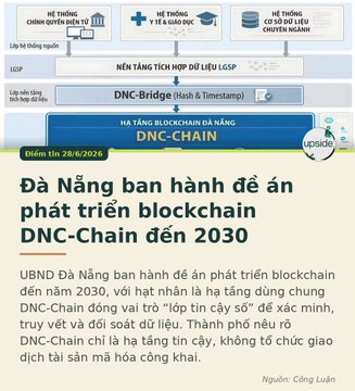 The image displays a Vietnamese-language article about Da Nang's blockchain development plan, featuring a layered diagram of the "HẠ TẦNG BLOCKCHAIN ĐA TẦNG DNC-CHAIN" (multi-layer blockchain infrastructure) by Vision, with headers reading "Đà Nẵng ban hành đề án phát triển blockchain DNC-Chain đến 2030" (Da Nang issues blockchain DNC-Chain development plan until 2030). The graphic illustrates four stacked tiers—including DNC-Bridge for hash/timestamping and a shared ledger platform—supporting government, education, healthcare, and citizen data applications, visually reinforcing the news headline about Da Nang's 2030 blockchain initiative.