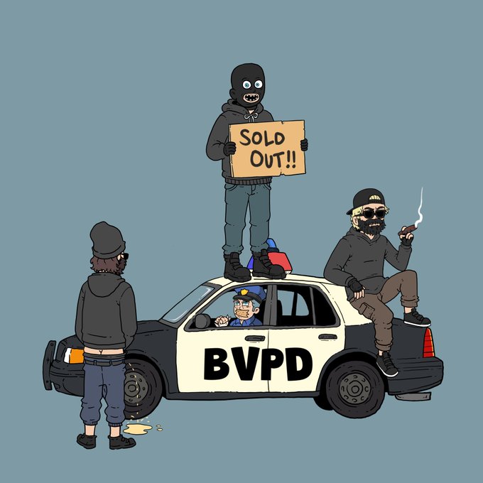 An animated scene shows a masked figure holding a "SOLD OUT!!" sign atop a BVPD police car, while a smoking man in a cap sits on the trunk and another masked individual stands beside the vehicle, illustrating the chaotic "Bustville" police raid referenced in the caption.