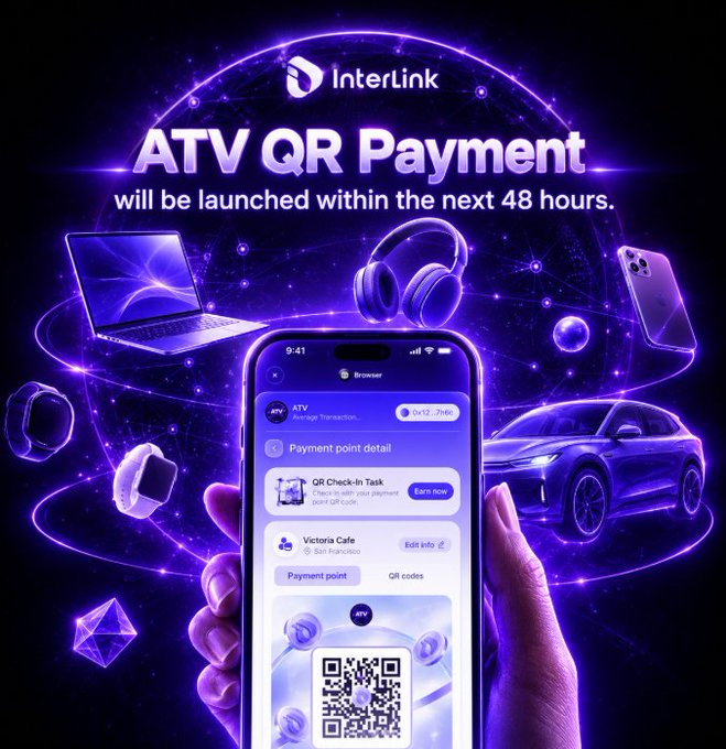 A promotional advertisement for 'InterLink' announces 'ATV QR Payment will be launched within the next 48 hours,' showing a hand holding a smartphone with a QR code surrounded by images of a laptop, headphones, smartwatch, smartphone, and a Tesla car against a purple cosmic background.