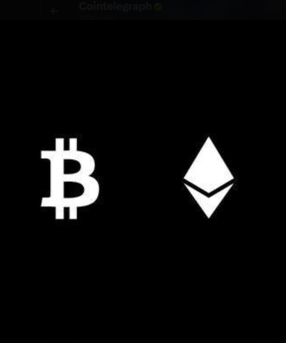 A black background features the white Bitcoin "₿" symbol on the left and the Ethereum diamond logo on the right, with the "Cointelegraph" watermark visible at the top, visually representing the two leading cryptocurrencies mentioned in the post's ETF flow data showing Bitcoin's $89.90M outflows against Ethereum's $110.84M inflows.
