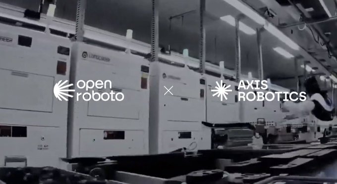 A black-and-white promotional image featuring the logos 'open roboto × AXIS ROBOTICS' overlaid on an industrial manufacturing facility with large machinery.