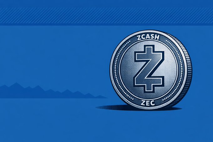 An illustration of a silver Zcash cryptocurrency coin with the text "ZCASH" and "ZEC" displayed against a blue background with mountain silhouettes.