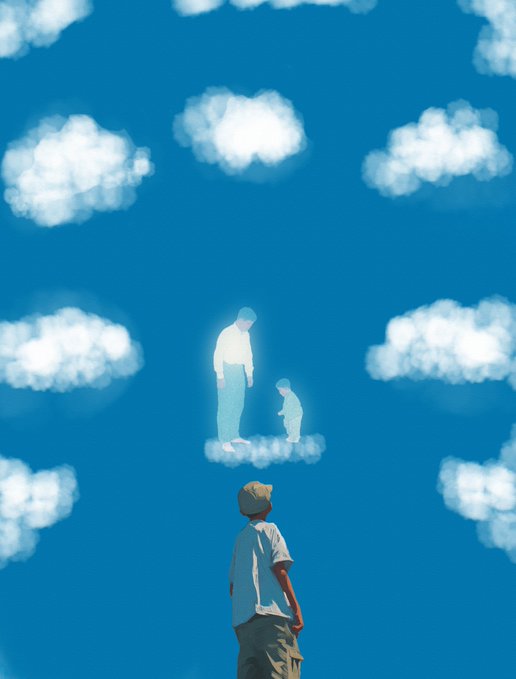 A young boy stands looking up at a blue sky filled with clouds, where an ethereal vision of a father and child appears standing on a cloud.