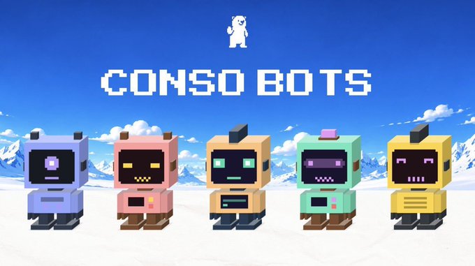 Five colorful pixel-art robot characters stand in a snowy landscape beneath the pixelated "CONSO BOTS" logo with a small white bear mascot, promoting a giveaway for three free mint spots from the Conso project on Sui.
