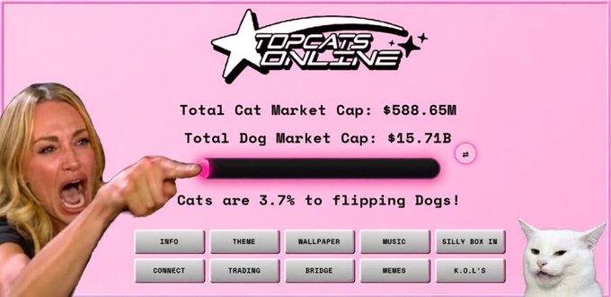 The image shows a pink-themed promotional graphic for "TOPCATS.ONLINE" featuring a shocked blonde woman pointing at a progress bar, comparing cat and dog market caps ($588.65M vs $15.71B) with text stating "Cats are 3.7% to flipping Dogs!" alongside a scowling white cat. The graphic visually supports the post's claim that cat coins are undervalued relative to dog coins, using the meme-style comparison to promote the TOPCATS.ONLINE platform.