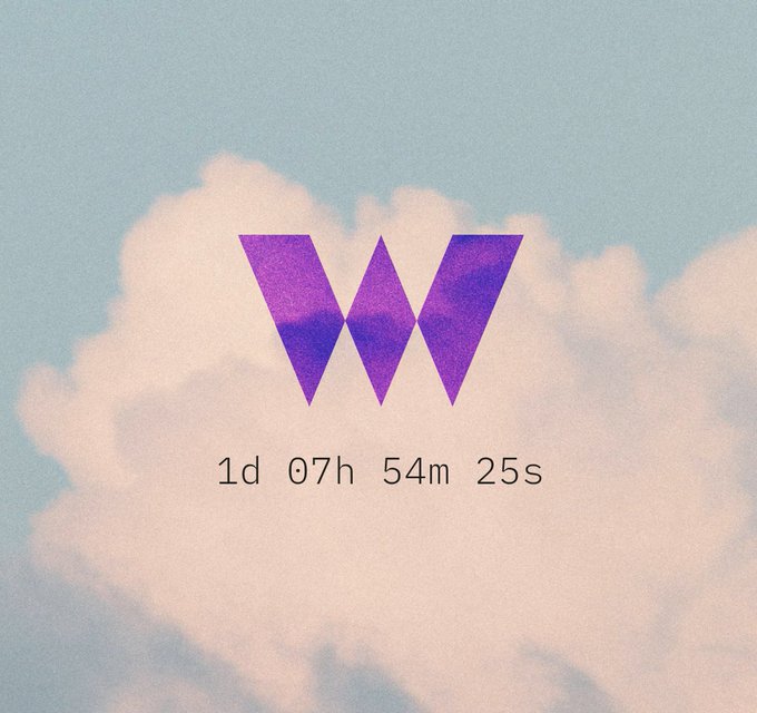 A countdown timer showing '1d 07h 54m 25s' beneath a purple 'W' logo, set against a background of fluffy clouds.
