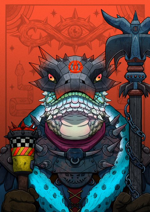 A stylized illustration of a menacing, armored fantasy character with a spiked helmet featuring glowing red eyes, sharp teeth, a blue furry scarf, holding a spiked lantern and a large bladed weapon against an orange background.