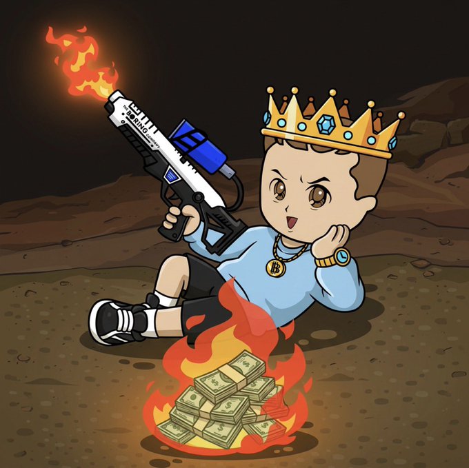 A chibi-style cartoon king wearing a gold crown sits cross-legged on rocky terrain, firing a large syringe-style flamethrower that shoots fire, while bundled cash burns in a fire at his feet, and he sports a Bitcoin pendant and a watch marked with "C," tying into the post's "Good Morning illionaires, have a lit start to the weekend!" message with the burning money and flame imagery symbolizing a "lit" day.