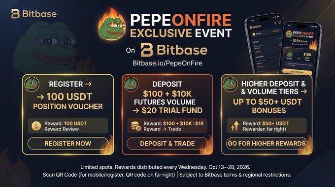 a promotional banner for a "PEPE ON FIRE EXCLUSIVE EVENT" on Bitbase (Bitbase.io/PepeOnFire), offering rewards like a $100 USDT position voucher for registration, a $20 trial fund for depositing and trading, and up to $50+ USDT in higher deposit bonuses.