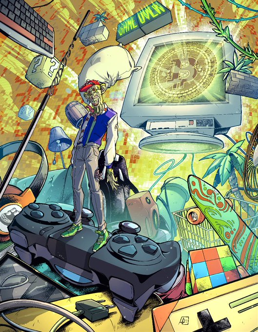 A vibrant comic-style illustration of a gamer wearing VR goggles standing on PlayStation controllers, with a 'GAME OVER' sign and Bitcoin displayed on a monitor.