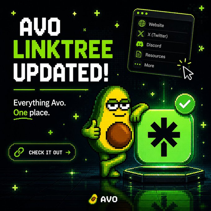 The image features a cartoon avocado character standing next to a green square with a star on it. The avocado has a thumbs-up sign above its head, indicating that something good or positive has happened. In the background of the image, there is text that reads "AVO Linktree Updated!", which suggests that an update has been made to the linktree. Additionally, there are other text elements in the image such as "Everything Avo.", "One place", and "Check it out!". The avocado character seems to be promoting or informing people about this update on the linktree.