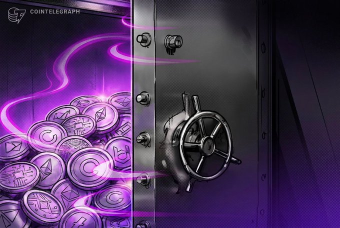 A Cointelegraph illustration depicting a bank vault with its door open, revealing stacks of purple cryptocurrency coins spilling out, symbolizing crypto reserves.