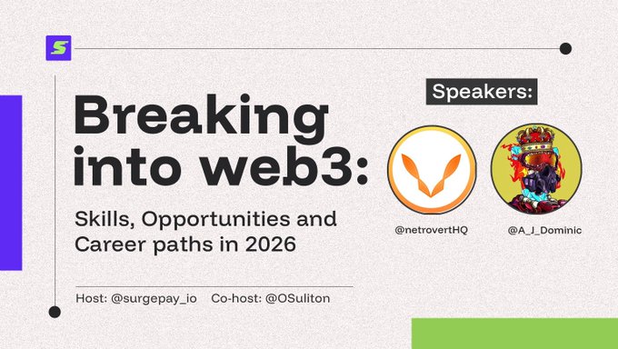 Announcement slide for a Twitter Space titled 'Breaking into web3: Skills, Opportunities and Career paths in 2026' hosted by @surgepay_io and co-hosted by @OSuliton, featuring speakers @retrovertHQ and @A_J_Dominic.