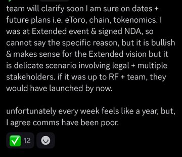 A text message screenshot discussing cryptocurrency project delays, mentioning 'team', 'eToro, chain, tokenomics', an 'Extended event', and 'RF + team', noting that communications have been poor.