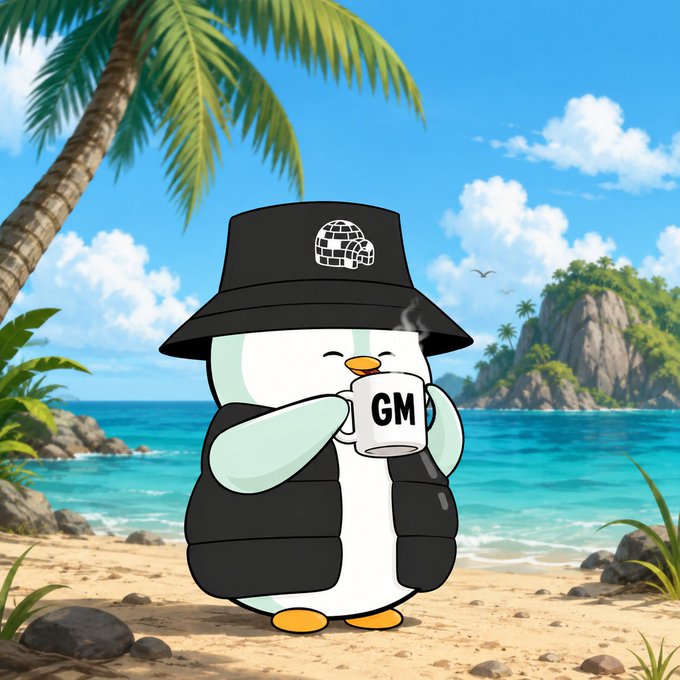A cartoon penguin wearing a black bucket hat with an igloo logo and a black puffer vest holds a white mug labeled 'GM', standing on a tropical beach with palm trees, ocean, and rocky cliffs in the background.