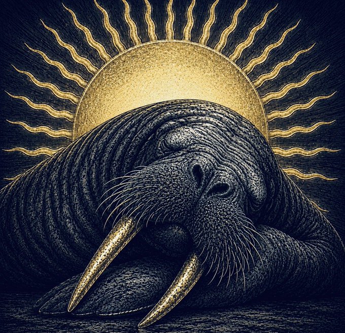 A stylized illustration of a sleeping walrus with golden tusks against a dark background, featuring a radiant golden sun with wavy rays behind the animal.