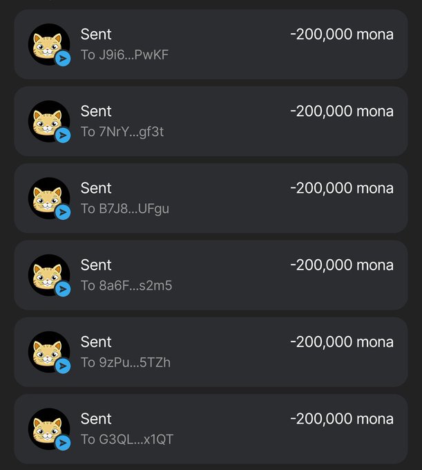 A screenshot displays six consecutive transaction entries, each marked "Sent" and showing a deduction of "-200,000 mona," sent to different truncated wallet addresses (J9l6...PwKf, 7NrY...gf3t, B7J8...UFgu, 8a6F...s2m5, 9zPu...5TZh, G3QL...x1QT). The image appears to be used as "proof" in an airdrop scam post claiming to distribute 200,000 "monacoin" tokens to the first 888 wallets that retweet and share a Solana address—a classic giveaway scheme designed to trick users into sending crypto or revealing wallet information under the false promise of free tokens.