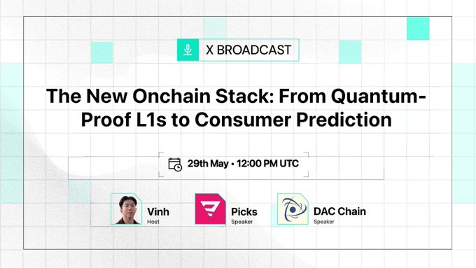 The image features a presentation slide with a white background, green squares, and text that reads "The new Onchain Stack: From Quantum-proof L1s to Consumer Prediction". The title of the presentation is "X-Broadcast", and there are three people in the image who appear to be speakers at an event. They are positioned on the left side of the slide, with one person standing closer to the top edge and another person standing near the bottom edge.