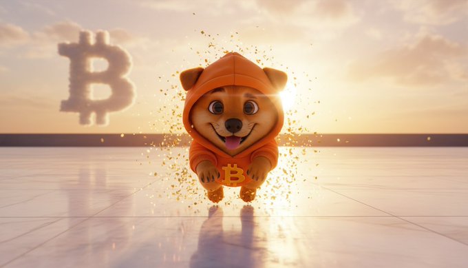 A 3D-rendered Shiba Inu dog wearing an orange hoodie with a Bitcoin logo, jumping with a Bitcoin symbol in the background.