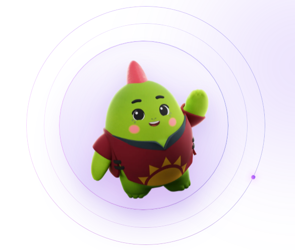 A 3D animated green creature with a red mohawk and a red shirt waves inside a circular frame.