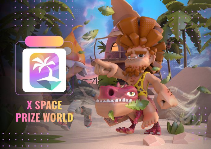 A promotional graphic for X Space Prize World featuring a 3D animated caveman character with a pink dinosaur-like creature on a tropical island, alongside a palm tree app icon.