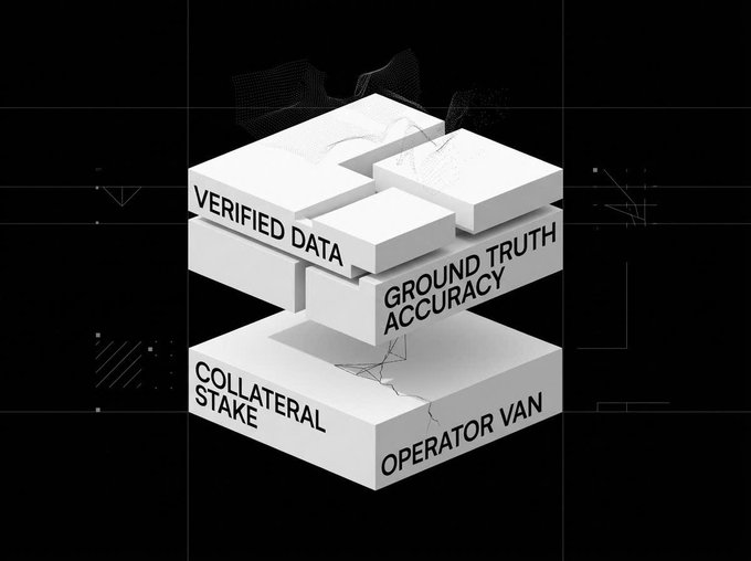 A 3D graphic showing layered blocks labeled "VERIFIED DATA", "GROUND TRUTH ACCURACY", "COLLATERAL STAKE", and "OPERATOR VAN".