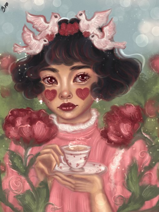 A detailed digital painting of a young girl with heart-shaped cheeks, wearing a pink dress and a crown of white doves, holding a teacup amid red flowers.