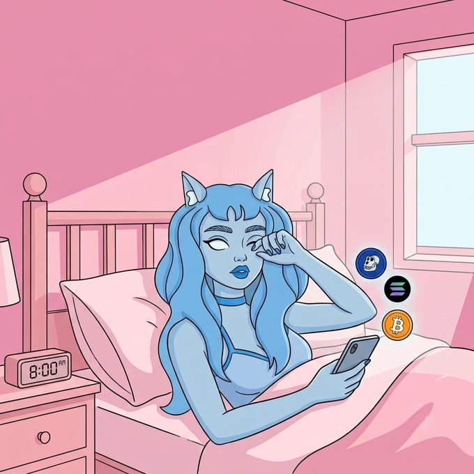 A blue-skinned anime-style girl with cat ears wakes up in bed at 8:00 AM, tiredly checking her phone as Dogecoin, Solana, and Bitcoin icons float nearby—visually reinforcing the "Gm future millionaires!" greeting for early crypto traders.