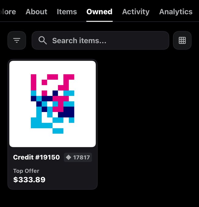 A dark-themed NFT marketplace interface showing an 'Owned' tab with a pixelated item labeled 'Credit #19150' featuring a top offer of $333.89.