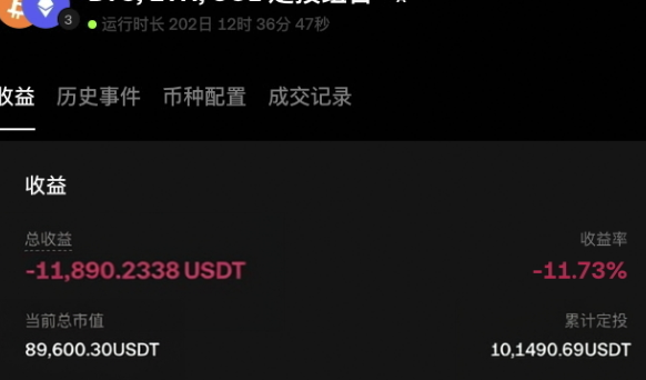 A crypto portfolio dashboard shows a total loss of -11,890.23 USDT (-11.73% return rate) on a current market value of 89,600.30 USDT with cumulative investment of 10,1490.69 USDT over a 202-day runtime, visually reinforcing the poster's complaint about being down roughly $10k after investing $100k during the bear market.