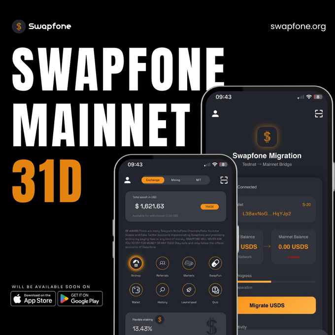 A bold promotional graphic for Swapfone announces "31D" (31 days) until the Swapfone Mainnet launch, featuring mockups of the mobile app interface showing a total asset balance of $1,621.63, a 13.43% flexible staking rate, and a Swapfone Migration screen with options to migrate USDS tokens via a Testnet → Mainnet Bridge. The design emphasizes the upcoming milestone with app store badges and the website swapfone.org, reinforcing the post's reminder to log in daily for NFTs and prepare for the mainnet migration.