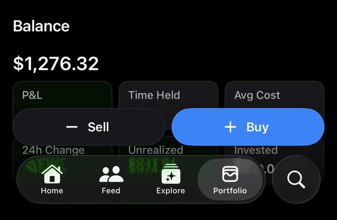 A screenshot of a cryptocurrency or stock trading app displays a "Balance" of "$1,276.32" with prominent "- Sell" and "+ Buy" buttons, along with a bottom navigation bar.