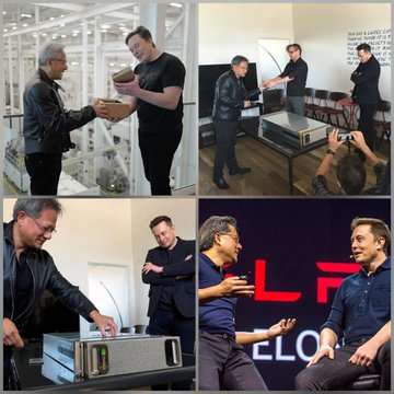 A four-panel collage shows Jensen Huang and Elon Musk examining and unboxing an NVIDIA DGX-1 AI supercomputer in an office setting, with one image showing them conversing on stage with a red "ELON" logo in the background, illustrating their early 2016 collaboration that helped pioneer the AI era.