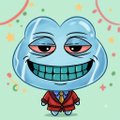 A cartoon illustration of a light blue, blob-like character with large, bloodshot eyes, a wide grinning mouth showing teeth, and wearing a red outfit.