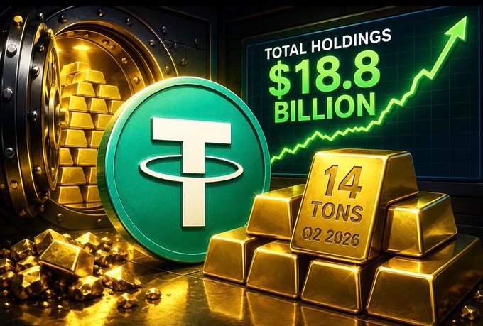 This image depicts gold bars labeled "14 TONS Q2 2026" and a "TOTAL HOLDINGS $18.8 BILLION" display, with the Tether (USDT) logo prominently featured, visually representing the accompanying post about Tether's gold acquisition.