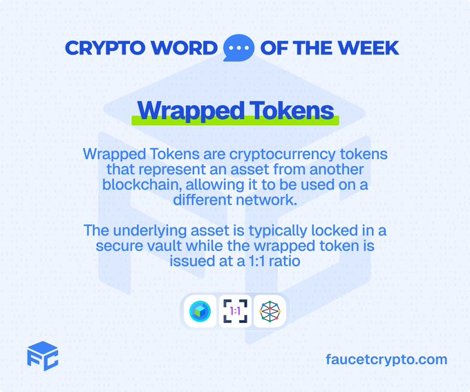 An educational graphic explaining 'Wrapped Tokens' as the crypto word of the week, from faucetcrypto.com.