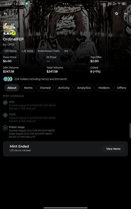 A screenshot of the OrdinalFEP NFT collection page by OFEP on Bitcoin/Robinhood Chain, showing 1,111 items minted, a 24H volume of $247.58, and 234 holders including herto2 and Ethman01.