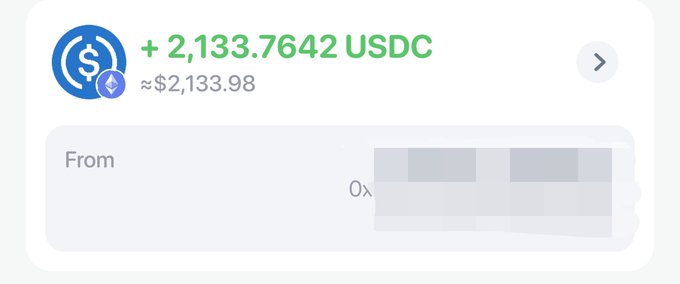 The image shows a cryptocurrency transaction notification displaying a received amount of "+ 2,133.7642 USDC" (approximately $2,133.98) on what appears to be the Base network. This visual serves as proof of earning potential in the crypto/Web3 space, reinforcing the post's advice about pursuing free opportunities in cryptocurrency careers and communities.