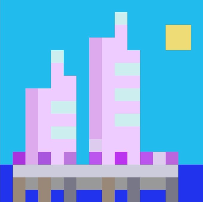 A pixel art illustration of a city skyline featuring pink skyscrapers with gray and purple accents against a bright cyan sky with a yellow square sun.