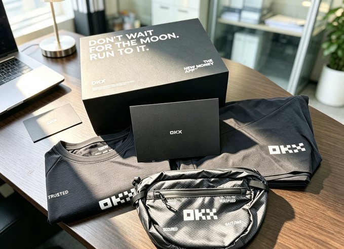 A product photo showing OKX brand merchandise on a wooden desk, including a black box with the text 'DON'T WAIT FOR THE MOON. RUN TO IT.', black apparel, and a crossbody bag.