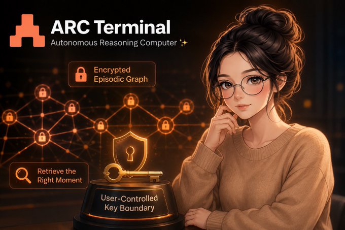 The image is a promotional graphic for "ARC Terminal - Autonomous Reasoning Computer" featuring an illustration of a thoughtful young woman with glasses, alongside highlighted features including "Encrypted Episodic Graph" and "Retrieve the Right Moment," with a "User-Controlled Key Boundary" displayed on a pedestal. The graphic visually reinforces the post's emphasis on ARC Terminal's ability to selectively retrieve relevant memory moments through an encrypted, user-controlled system rather than blanket conversation storage.