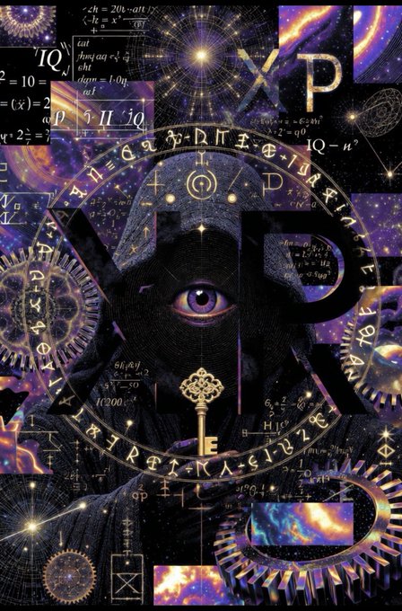 A mystical digital artwork featuring a hooded figure with a single large purple eye, surrounded by glowing purple runes, mathematical formulas, and cosmic imagery.